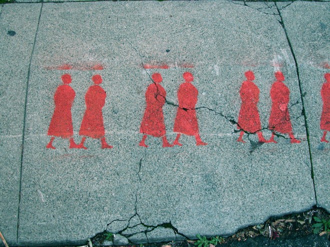 red stencil walkers